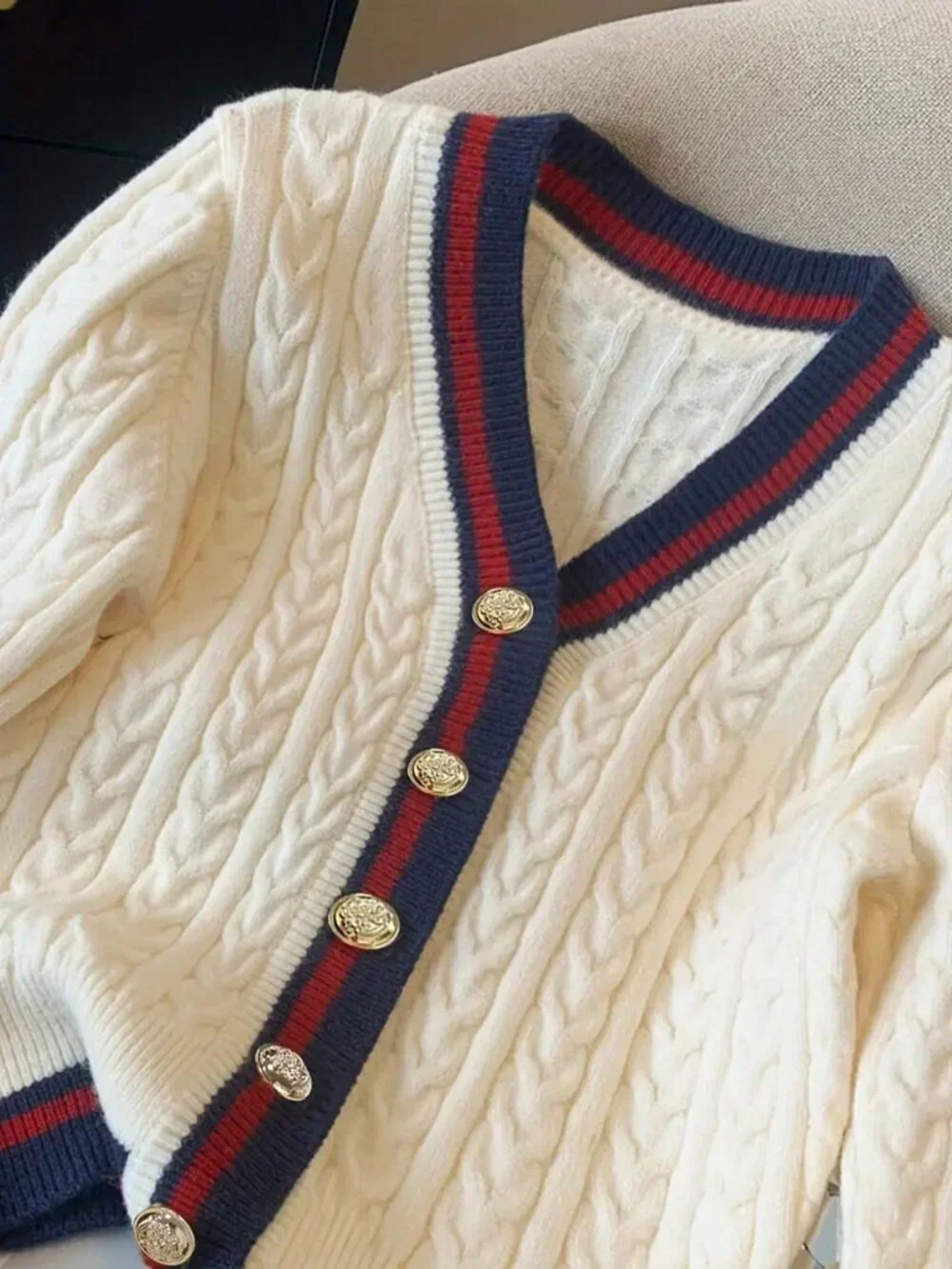 Apricot Casual Women's Striped Contrast Color Button Knit Cardigan